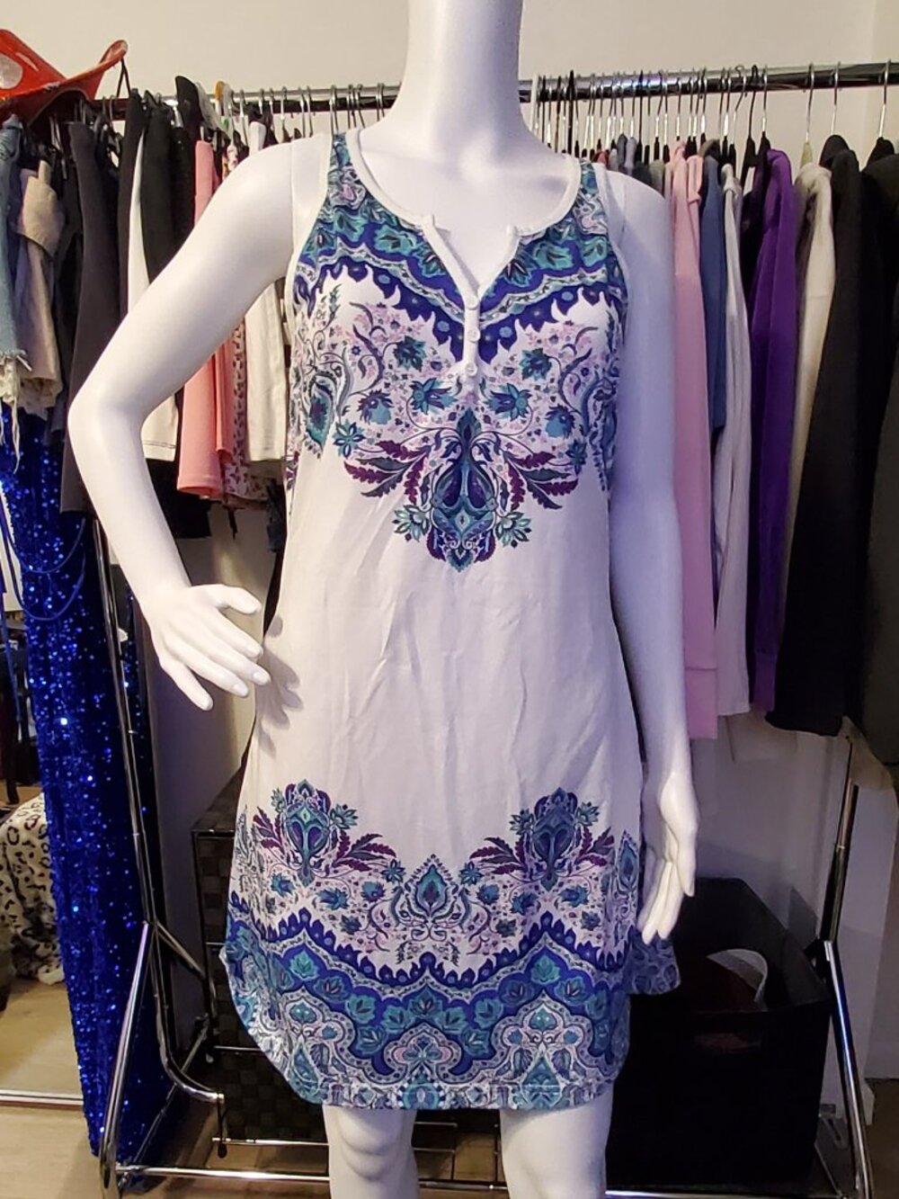 Blue Purple Paisley Sleeveless Shift Dress Size Small Boho Mini Dress